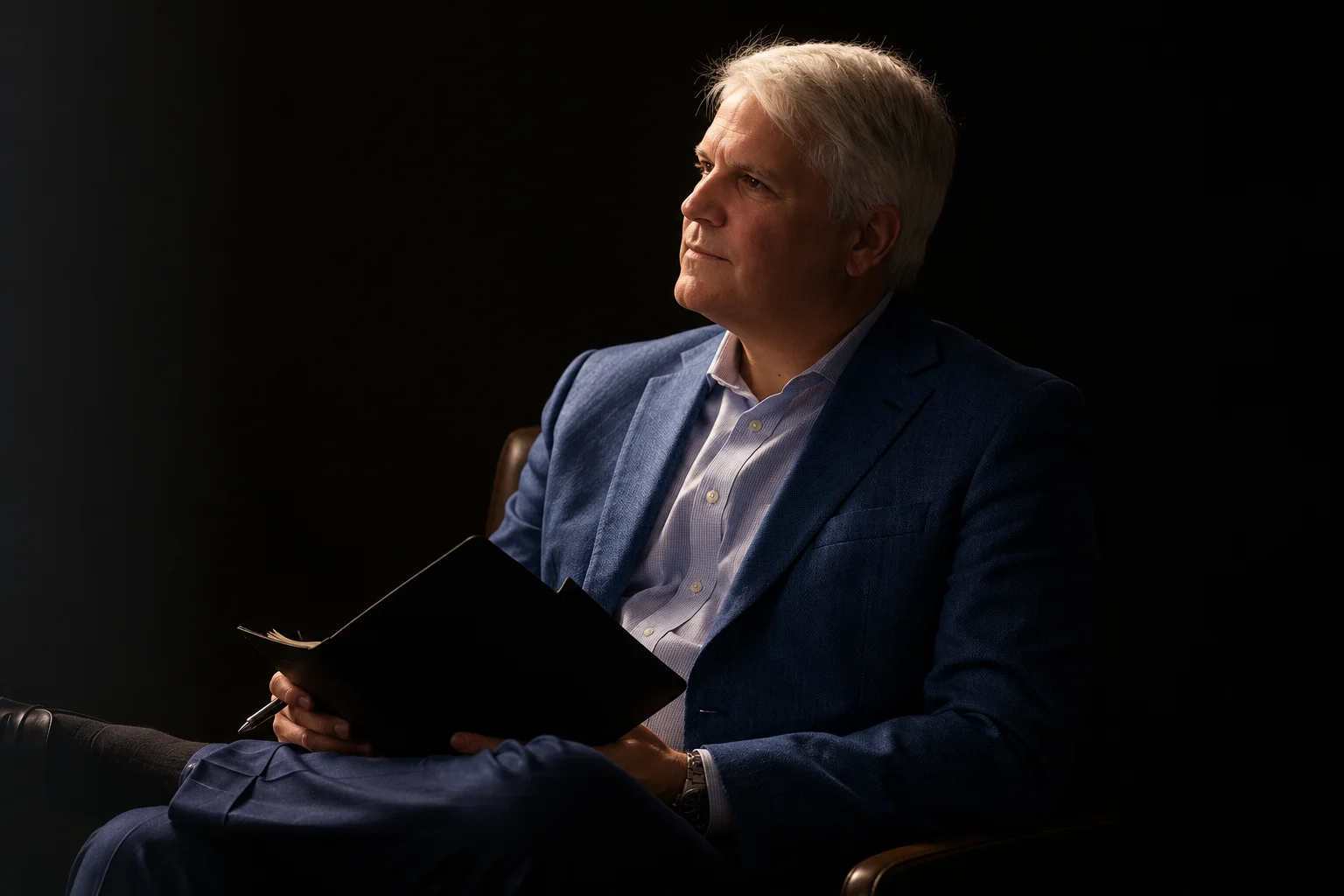 David H. Carroll, Jr., founding member of Capitol Strategies, seated with a notebook
